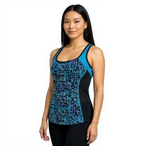 Roots Canada Tankini Swim Top Womens 10 Black Blue Geometric Vacation Beach
